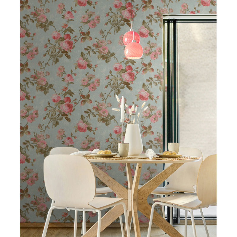  Papier peint à motif floral Renata, Bleu fumé