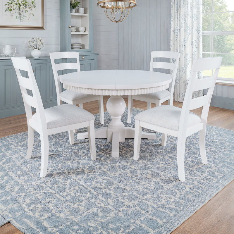 Pearce Modern Farmhouse Five Piece Round-to-oval Dining Set With Ladderback Chairs - White, White