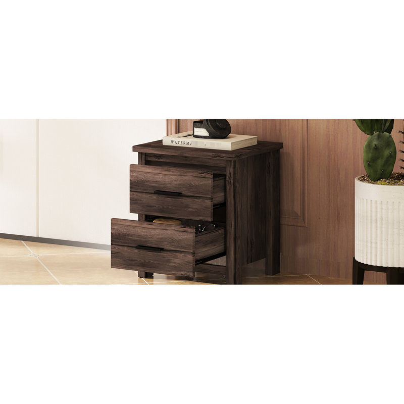 Table de chevet à deux tiroirs en noyer foncé avec allure rétro et beaucoup d'espace de rangement