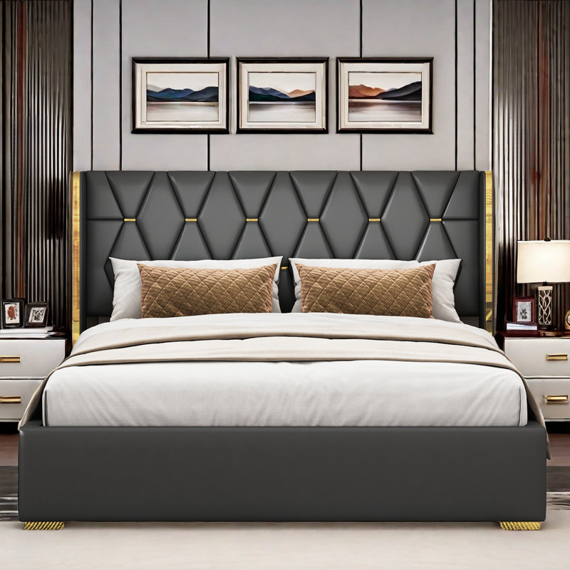 Upholstered Platform Bed with Metal Strips, Full / Double, Black