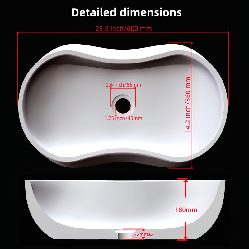 Lavabo vasque de salle de bain en marbre gris, profondeur de 23,6 pouces, hauteur de 7,1 pouces, forme ondulée distinctive, facile à nettoyer et à entretenir, s'adapte à différentes configurations naturelles 14,2 de large, finition semi-polie, pré-percé pour