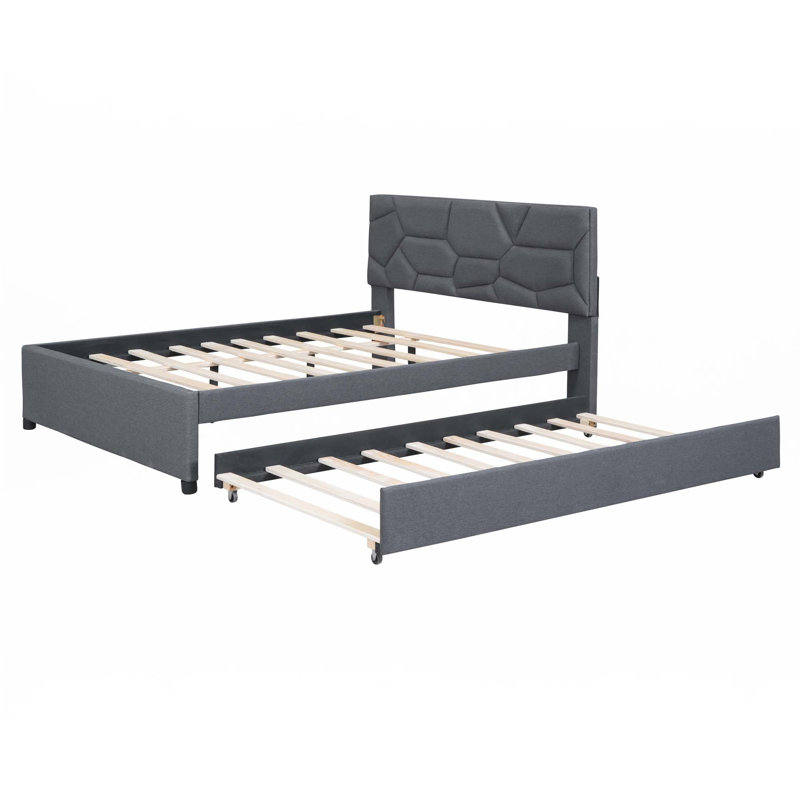 Lit plateforme tapissier avec lit gigogne, Gris, Double