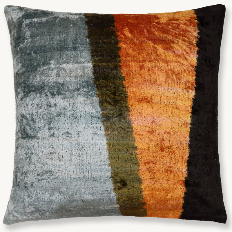Coussin en velours de soie bleu acier et orange brûlé – 50 x 50 cm