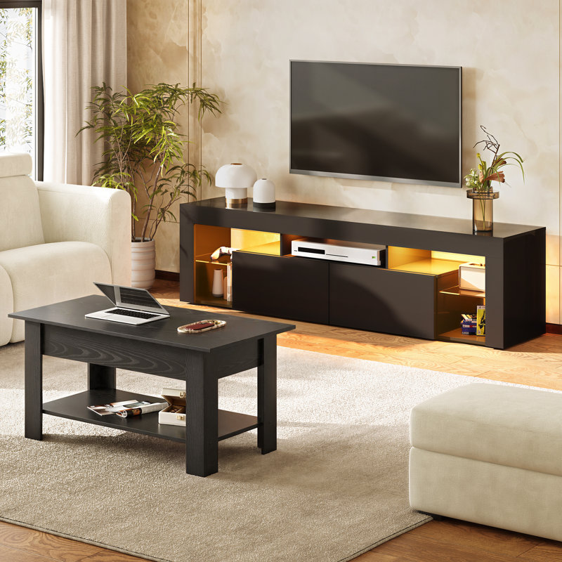 Ensemble de salon noir 2 pièces, table basse à plateau relevable et meuble télé à DEL pour le salon