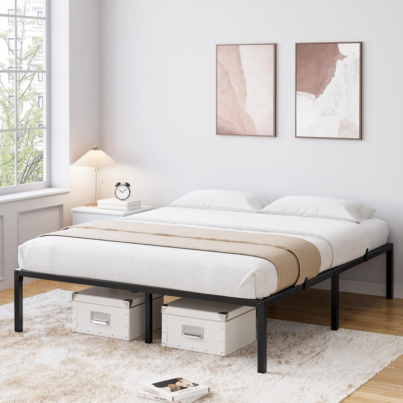 Bed Frame No Box Spring Needed, Heavy Duty Metal Platform Bed Frame, Black, Queen
