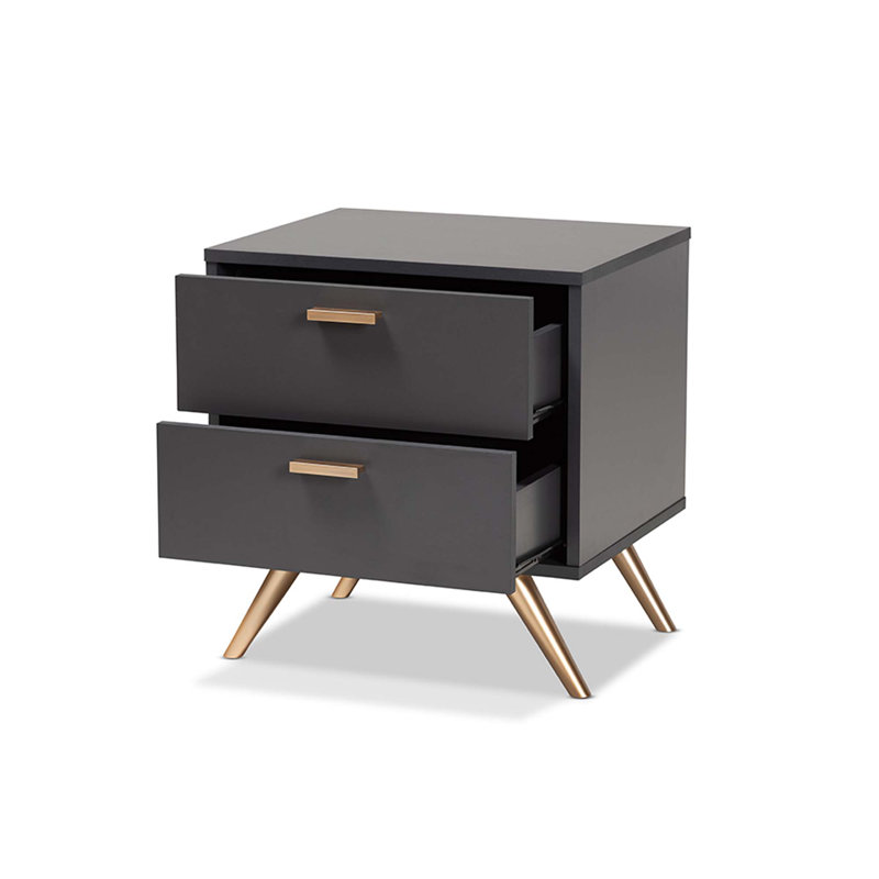 Caden Sheldon Dark Grey And Gold Finished Wood 2-Drawer Nightstand