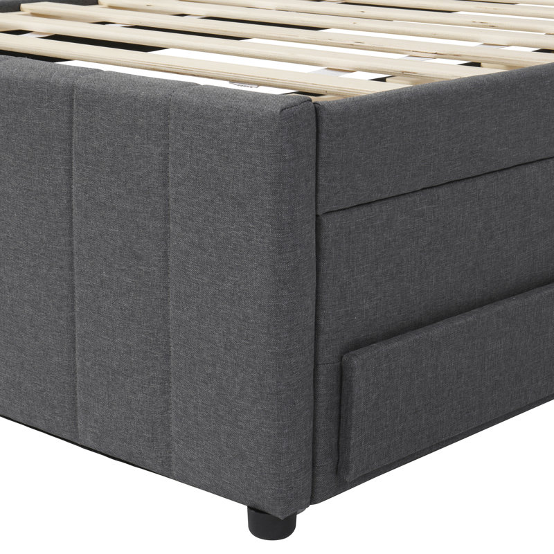 Gray Linen Upholstered Twin Platform Bed With Trundle And 3 Practical Drawers - Elegant Decor