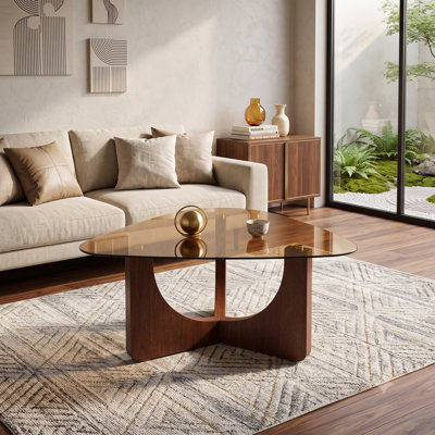 Table basse Mid-Century moderne en verre avec base en panneau de fibres à densité moyenne noyer
