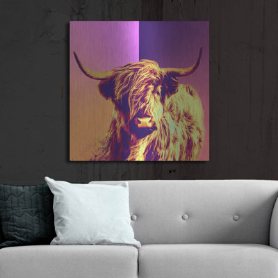 Art mural en métal «Highland Cow Crush» de Union Rustic, 12 po x 12 po