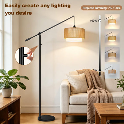 Lampe sur pied arquée bohème à intensité variable, bras articulé réglable, abat-jour en rotin et tissu, ampoule de 1100 lumens incluse, lampadaire noir pour salon ou chambre