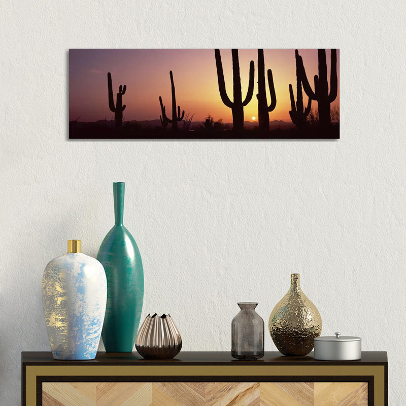Silhouette Of Saguaro Cacti (Carnegiea Gigantea) On A Landscape, Saguaro National Park, Tucson, Pima County, Arizona, USA - Wrapped Canvas Panoramic Print