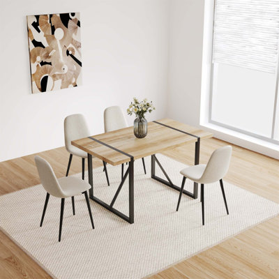 5 Pieces Dining Table Set, Wooden Kitchen Table With Metal Base, Ergonomic Chairs, And Easy Assembly