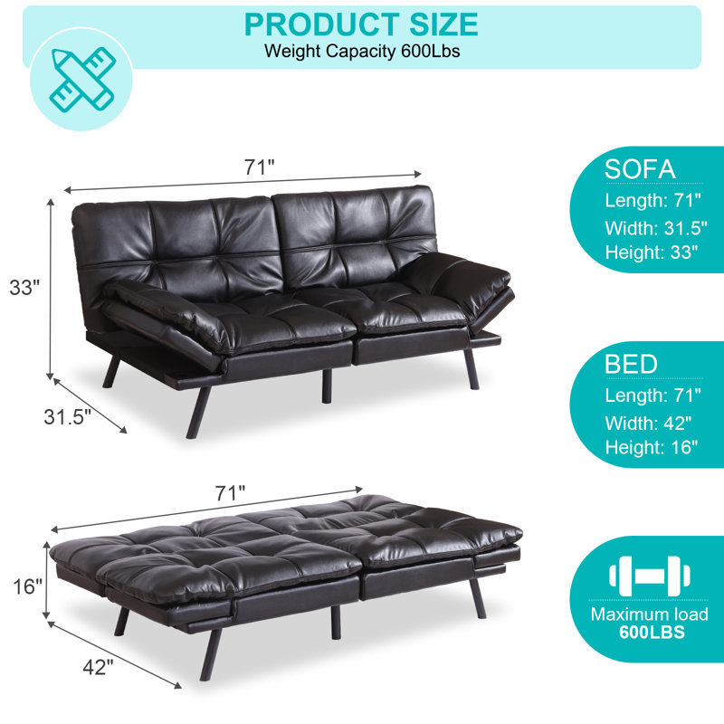 Futon Sofa Bed With Adjustable Armrests & Backrests & 2.5" Plush Memory Foam, 71" Couches For Living Room