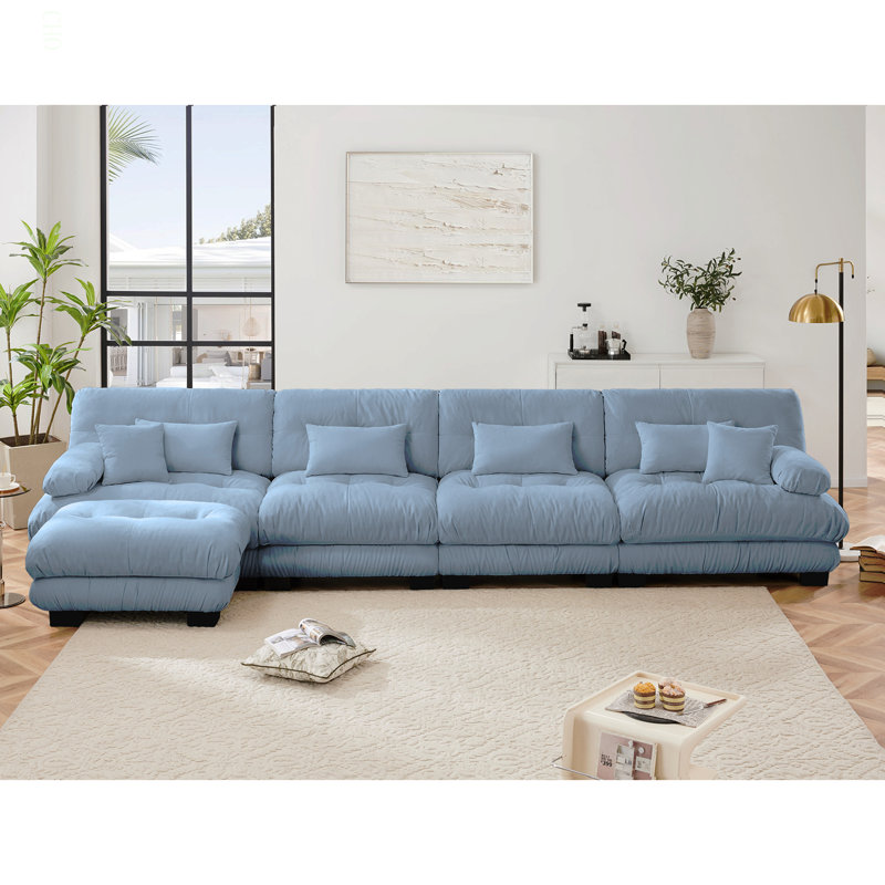 Combinaison libre, canapé modulaire modulaire, canapé en forme de L pour le salon, canapé confortable à 4 places avec repose-pieds convertible, bleu chenille