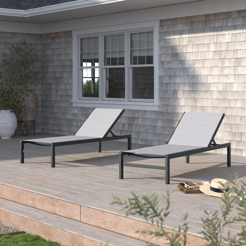 Gerber 77" Long Aluminum Reclining Chaise Lounge Chairs Padded with Quick Dry Foam, Dark Gray Frame/Gray Sling