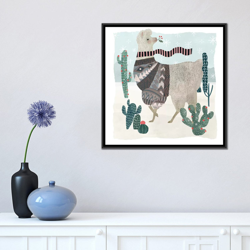 « llama fêtes i », impression sur toile, H 18 po x l 18 po x P 1,5 po, Black Framed Canvas, Pas de tapis