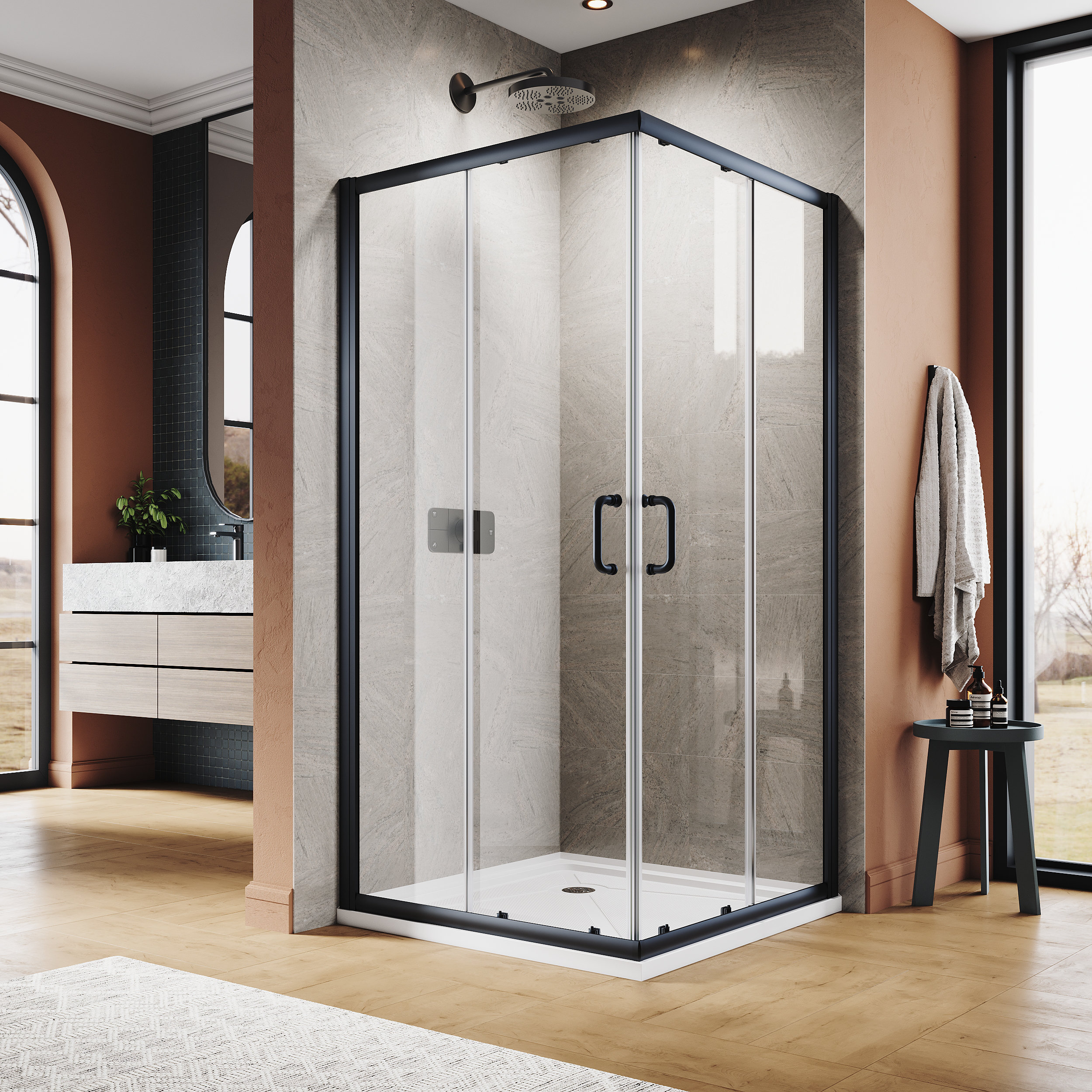 SUNNY SHOWER Corner Shower Enclosure with 1/4 in. Clear Glass Double Glass  Sliding Square Shower Doors 36 x 36 x 72 inch, Chrome Finish, Shower Base