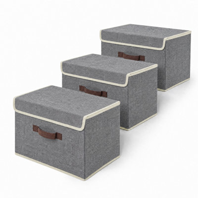 Ensemble de 3 bacs de rangement pliables gris avec couvercles en tissu avec poignées pour garde-robe