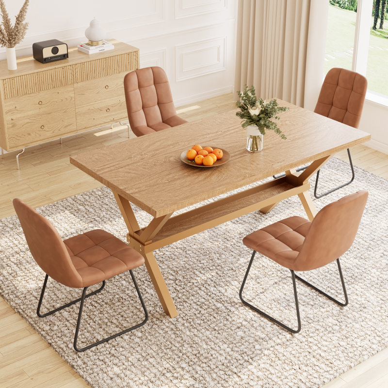 Kitchen Dining Set, 63'' Dining Table with 32.8'' Upholstered Dining Chairs(Table 4Chairs), Brown, 5 Pieces: Table, 4 Chairs