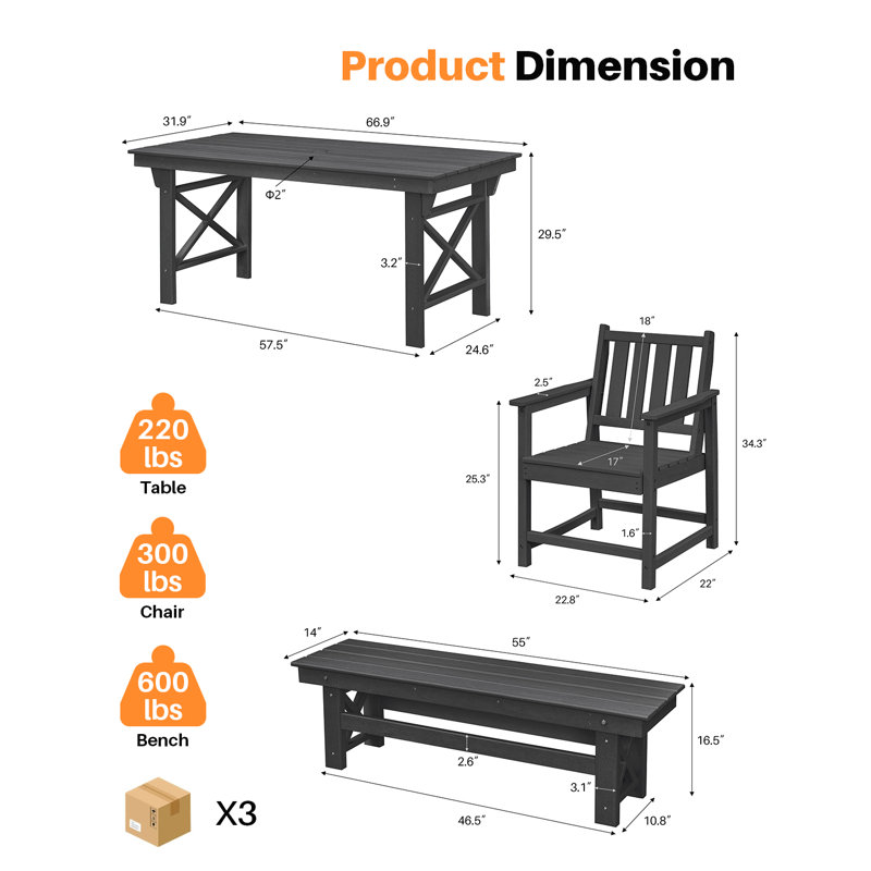 HDPE Outdoor Dining Set Of 6, Patio Dining Table Set With 4 Chairs And 1 Bench, 6 Pieces HDPE Dining Set With Umbrella Hole, Outdoor Furniture Sets For Deck, Poolside, Garden