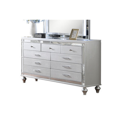 Glam Style 1pc Dresser Snake Skin Design Glass Panel Gourd Legs Silver Finish Bedroom Furniture