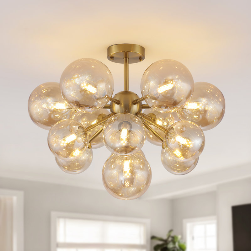 Plafonnier semi-encastré moderne en laiton 13 lumières avec globes en verre ambré pour le salon, Laiton, Ambre