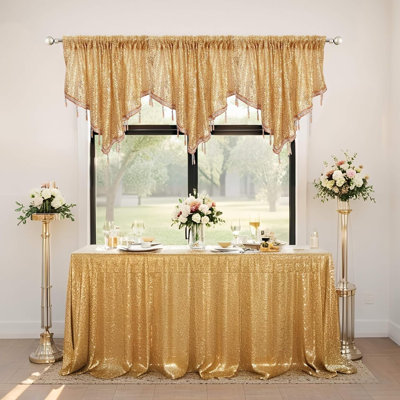 Beaded Sequin Curtain Valances For Windows 3 Pcs, Rod Pocket Triangle Glitter Beaded Kitchen Swag Curtain Boho Tassels Window Valances