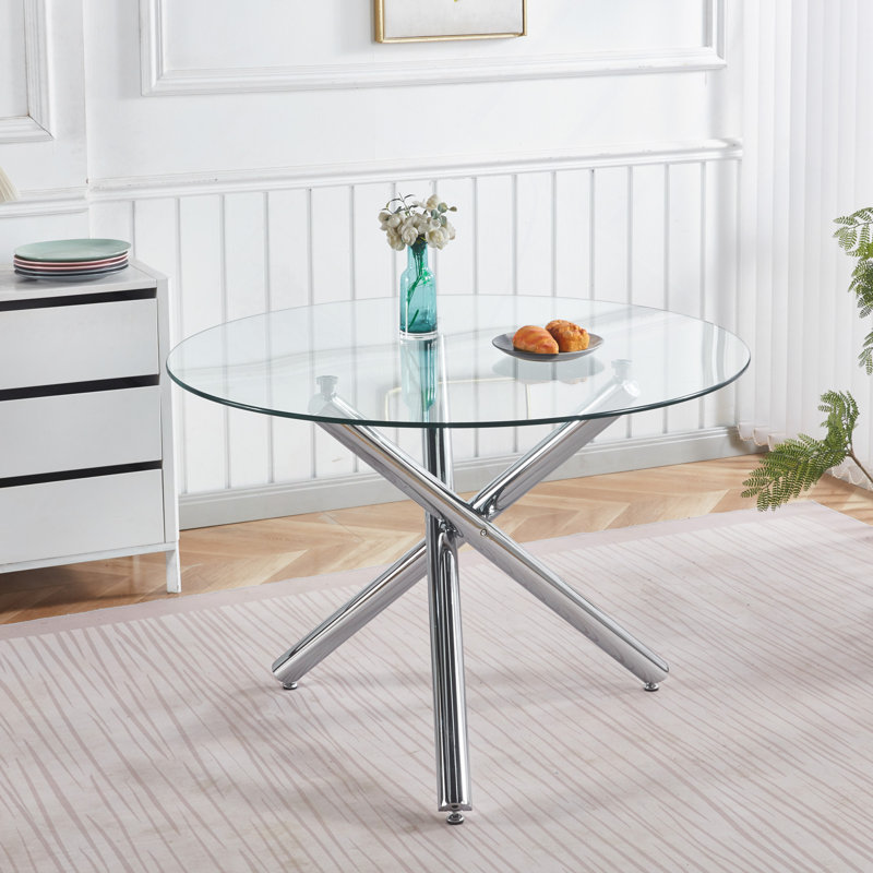 Table de salle à manger avec pieds en métal et verre, table de cuisine moderne pour le salon, 110 x 110 x 75 cm