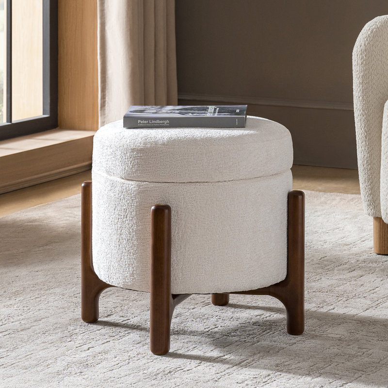 Lessman Modern 20"W Chenille Fully Assemble Round 4-in-1 Ottoman with Solid Wood Base, Ivory