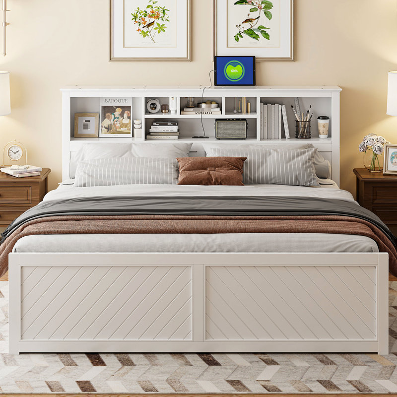 Spacious King Size Wood Bed In White With Multi And Options Storage Drawers - Elegant Design, White