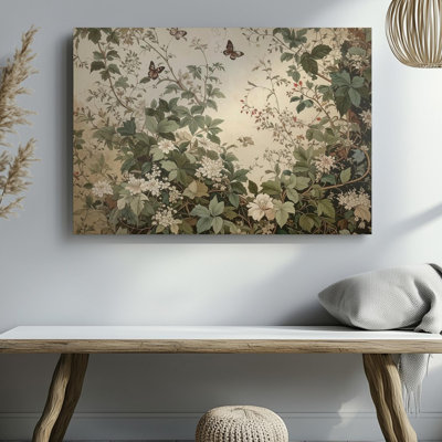 Toile rétro vintage botanique, fleurs de vignes et papillons sur toile, prêt à accrocher