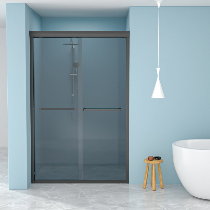 48" Shower Door, 8Mm Glass With R10 Smooth Edges And Features, Matte Black Frame, Reversible Sliding, Water-Tight Seal, No Specialized Tools Double Sliding Laminated Grey Glass, Design, Weekly