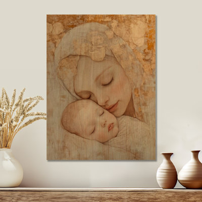«Mother and Child in Tender Light», art mural moderne en bois
