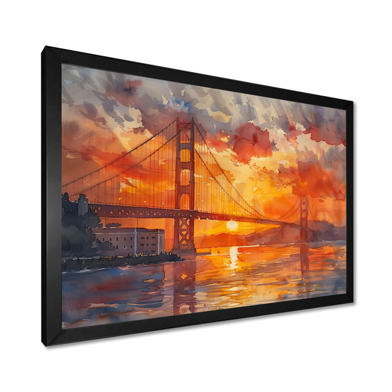 Impression d'art mural jaune et rouge Golden Gate Summer Sunset Glow III - Ponts, Toile encadrée noire simple