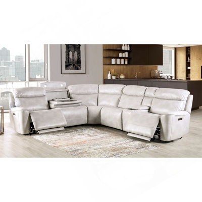 Power Reclining Sectional Couch Light Taupe Leatherette Sofa Corner Wedge Chairs Console Living Room Furniture Recliner L-Shaped Sectional
