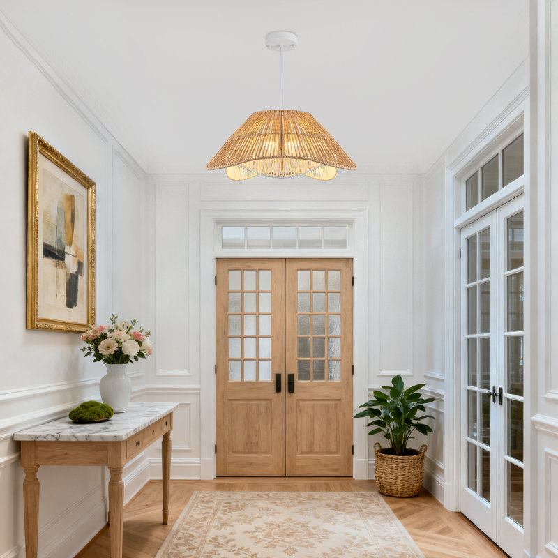 Luminaire suspendu en rotin naturel tissé à la main à 3 lumières pour îlot de cuisine Doiker, Blanc