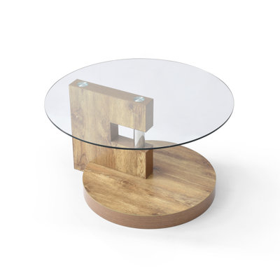 Modern Double-Layer Round Dining Table, Tempered Glass Tabletop with Walnut MDF Wood Legs, Accent Table for Living Room, Dining Room, Office