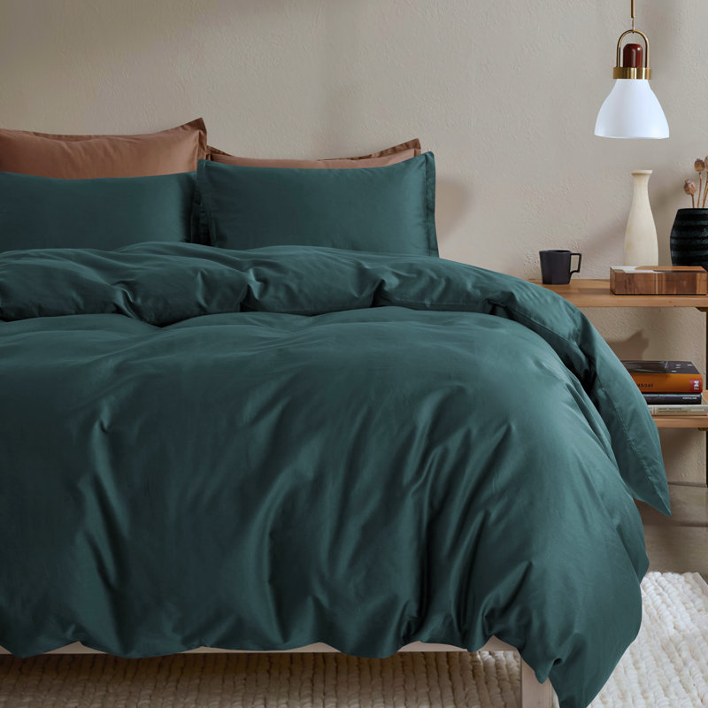 400TC Long Staple Cotton Sateen Weave Duvet Cover Set, Queen Duvet Cover + 2 Queen Shams, Green