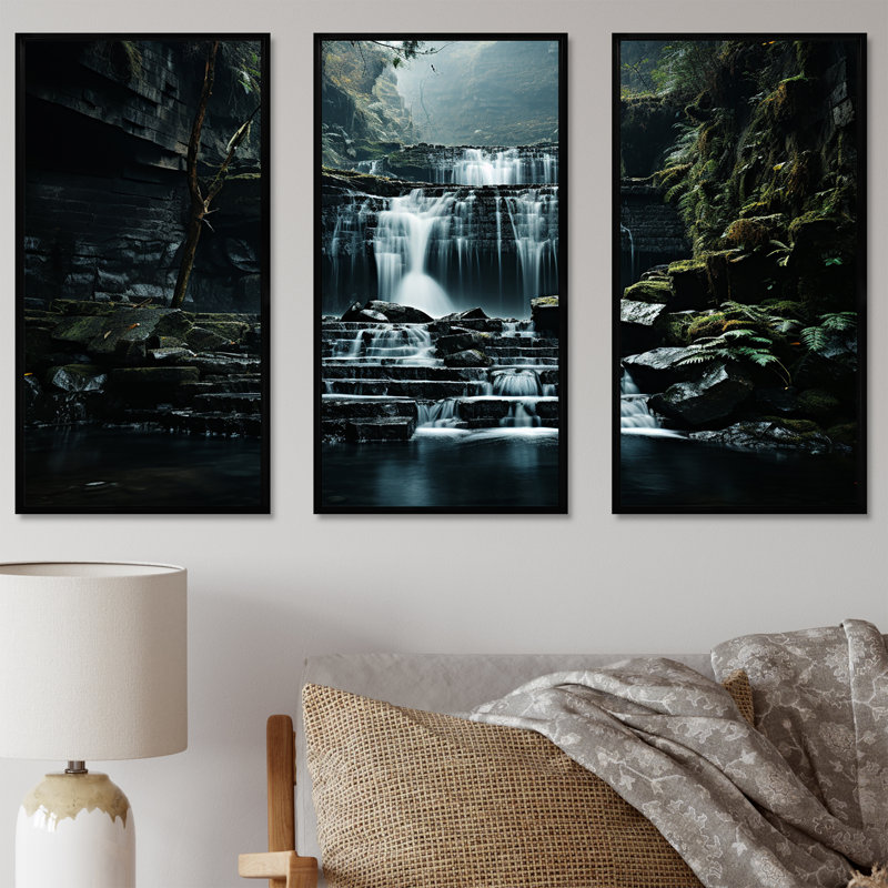 «Waterfall Cliff Scenery - Waterfall», ensemble d'art mural sur toile, Cadre flottant noir, H 32 po x l 48 po x P 1 po