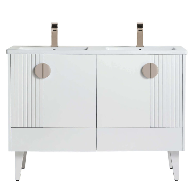 Ensemble de meuble-lavabo double 47 po Saimah, Blanc mat, Nickel satiné