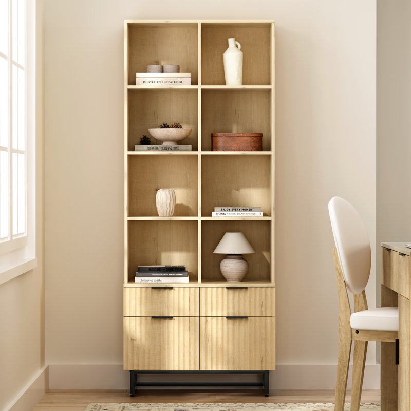 Bibliothèque 70,9 po H * 28,34 po à 4 niveaux avec armoire de rangement, Chêne clair