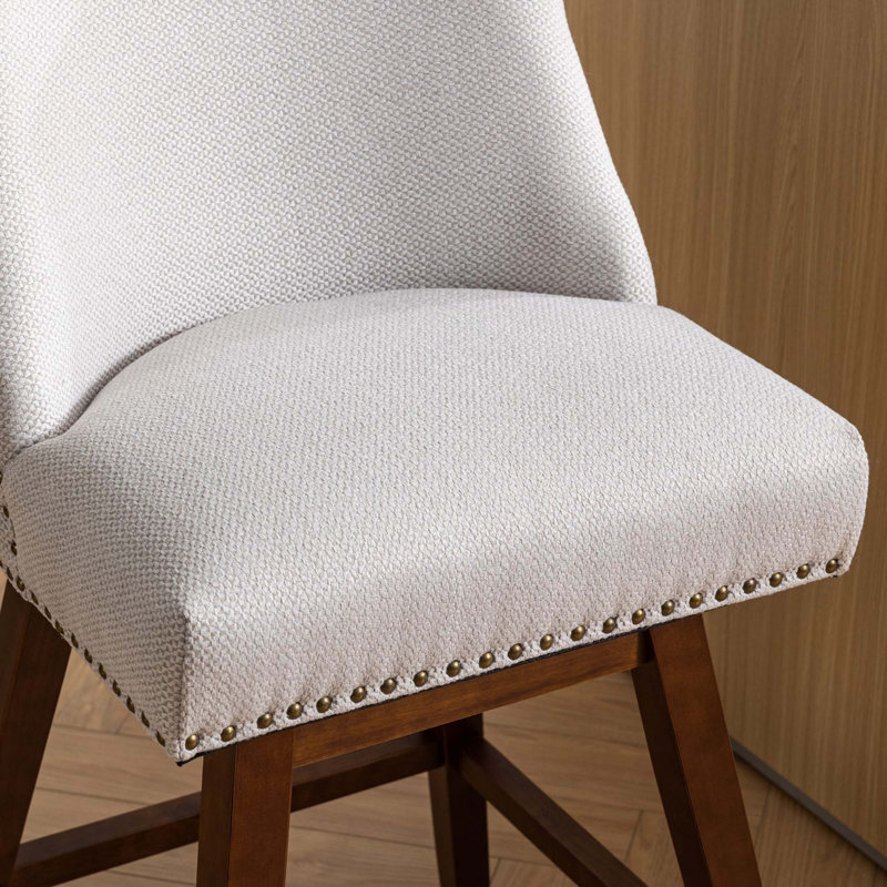 Beige Upholstered Swivel Counter Height Bar Stools with Wood Legs