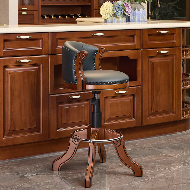 Tabouret de bar pivotant réglable en cuir véritable avec structure en bois massif, Bleu