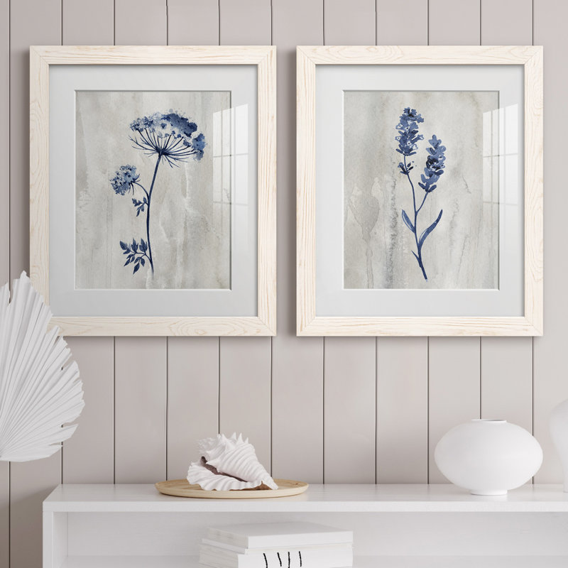 «Indigo Botanical I», ensemble de 2 reproductions d'impressions, Impression encadrée avec passe-partout, H 20 po x l 17 po