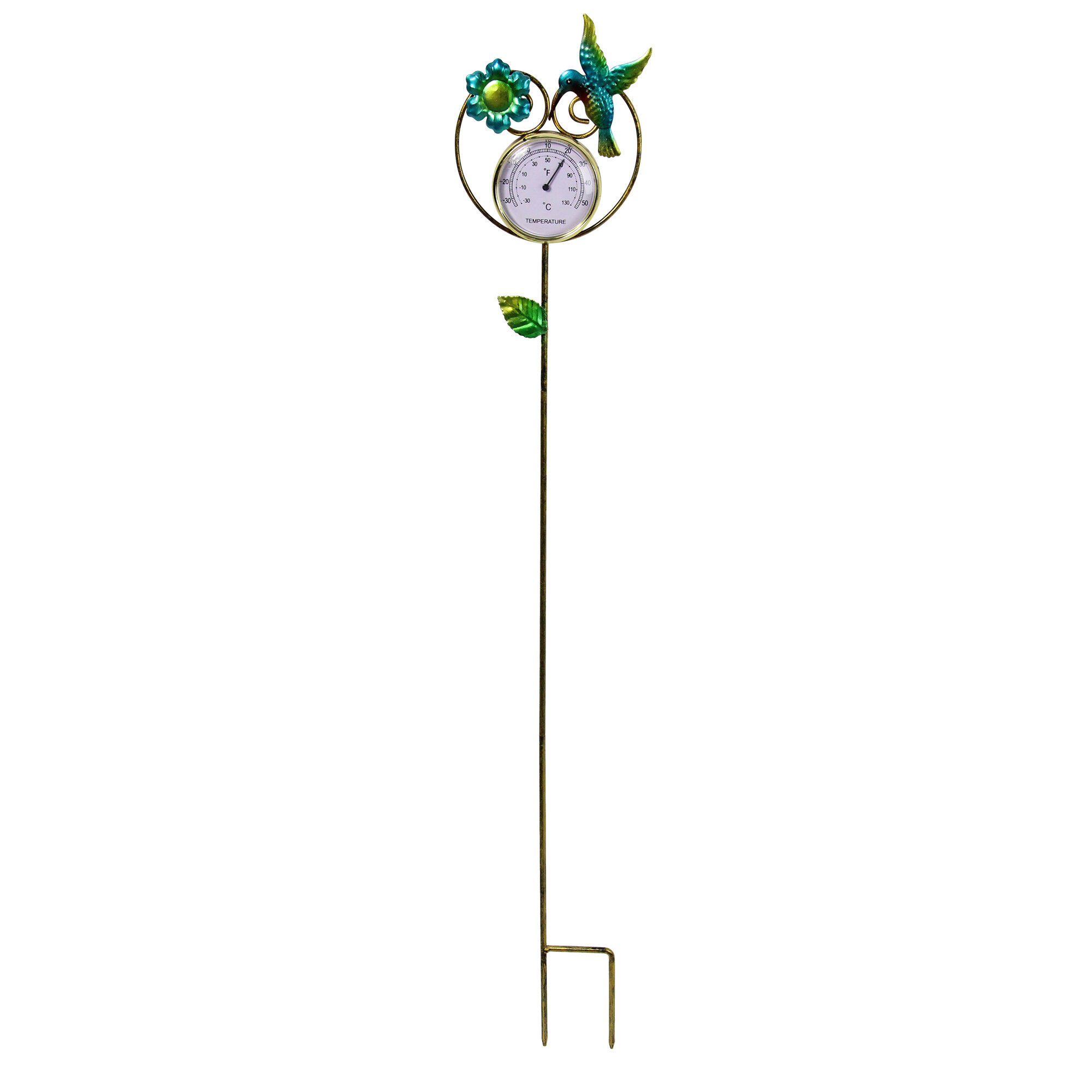 Hummingbird Thermometer Indoor Outdoor Garden Stake, Metal & Glass