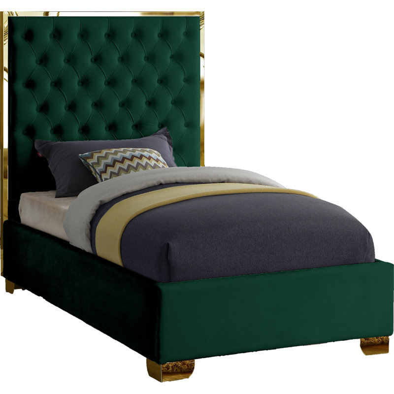 Spadaro Upholstered Platform Bed, Green Velvet, Gold, Twin