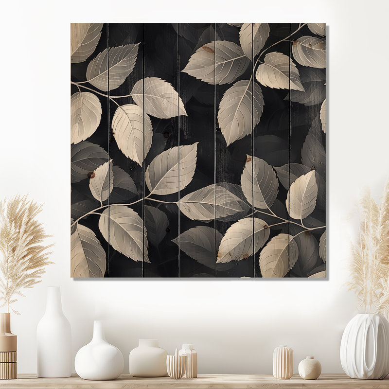 Slate Grey Leaves Beauty I - Leaves  Wood Print - On Natural Pine Wood, 15" H x 15" W x 0.78" D
