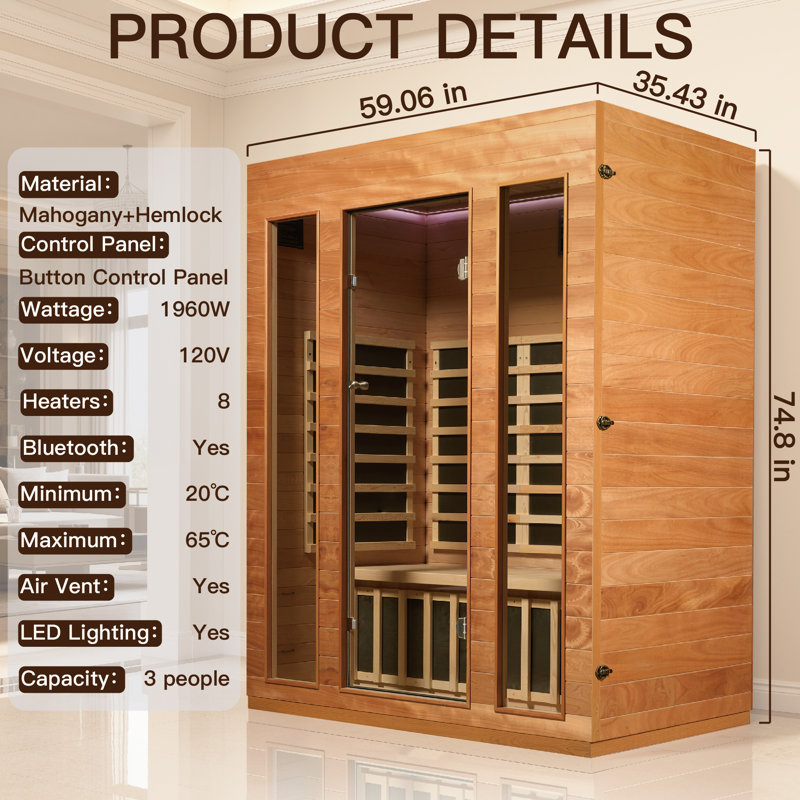 Hongyuan 3 Person Indoor Bluetooth 7 of Low EMF Heaters FAR Infrared Sauna In Okoume & Hemlock Wood, FAR Infrared