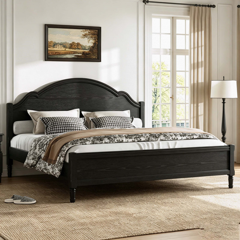 Lit plateforme très grand en bois avec tête et pied de lit, noir, Noir, Très grand lit