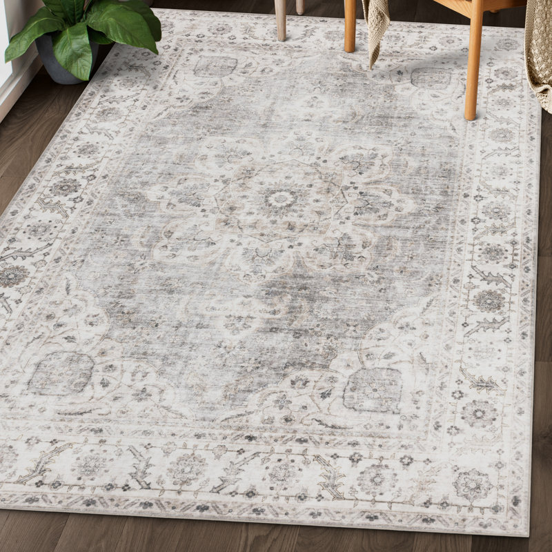 Lefkothea Joy Vintage Machine Washable Area Rug, Beige Ivory, Rectangle 6' x 8'